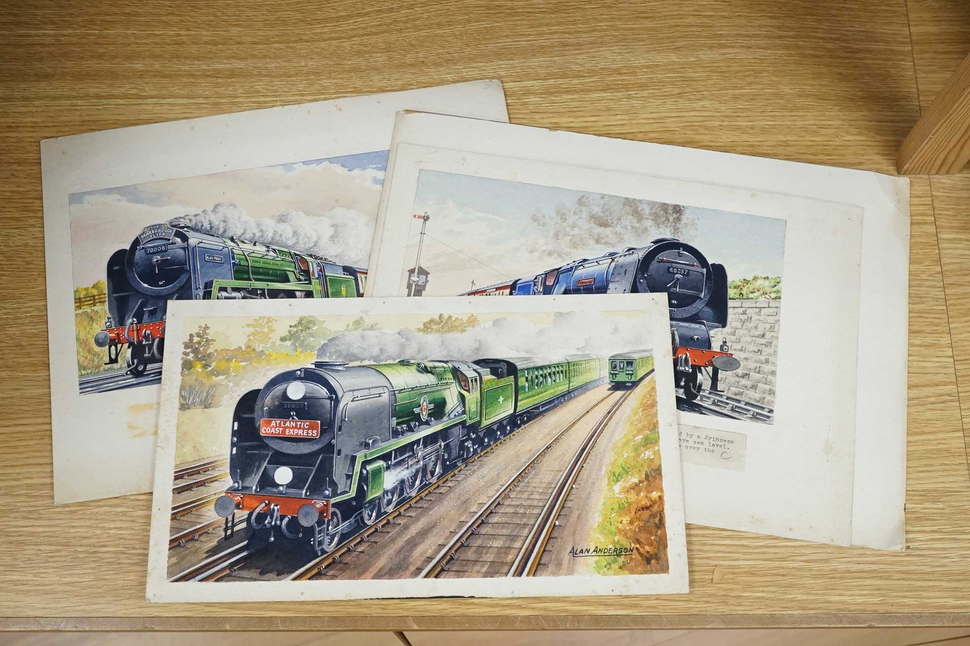 Alan Anderson, set of four original watercolours for postcard designs, vintage steam trains, to include British Rail Britannia Class No 70008 Black Prince, Coronation Class No 46259, City of Salford and Merchant Navy Cla
